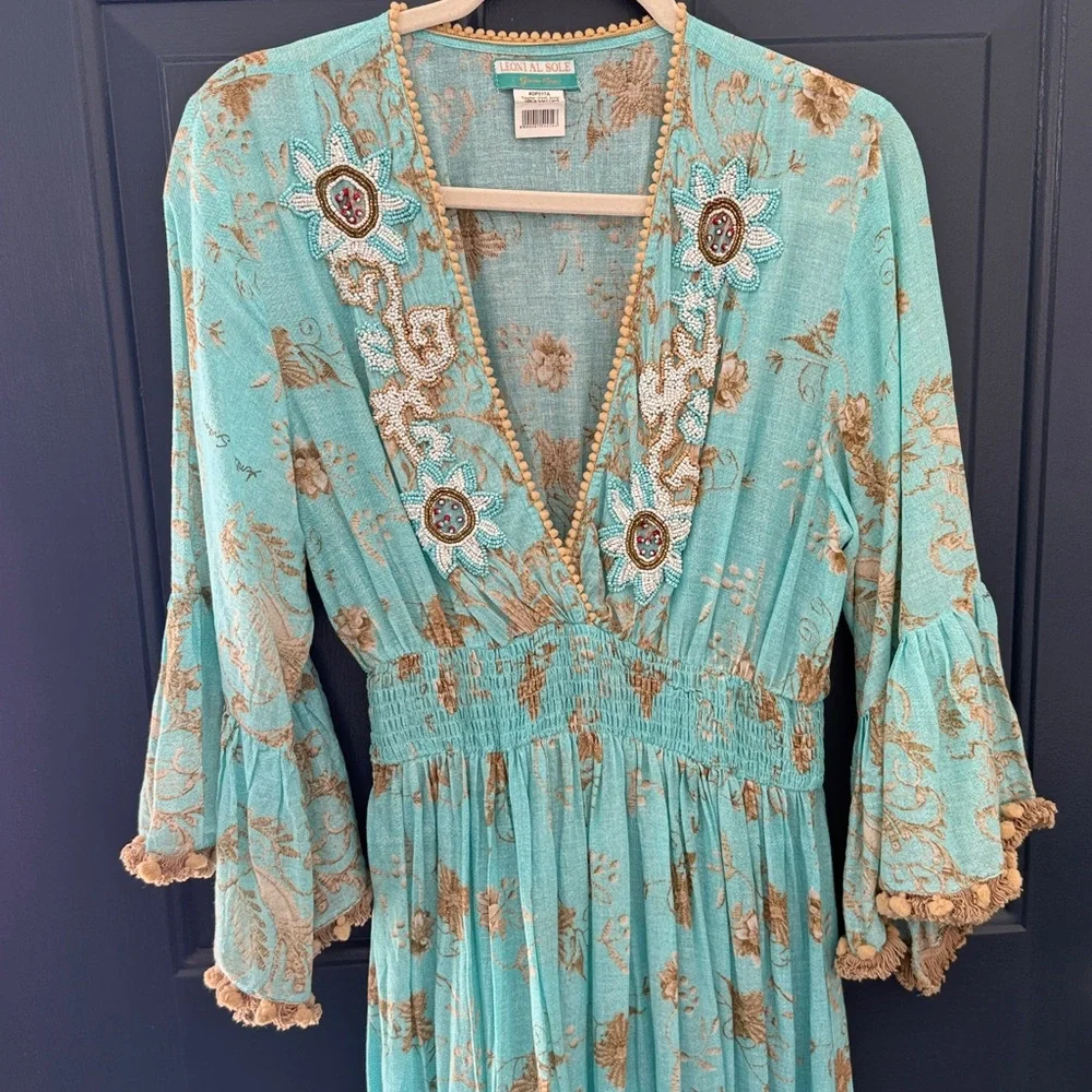Bohemian Leoni Al Sole by Giacono Cirque Turquoise Beaded Maxi Dress w/ Pom Poms - Picture 2 of 14